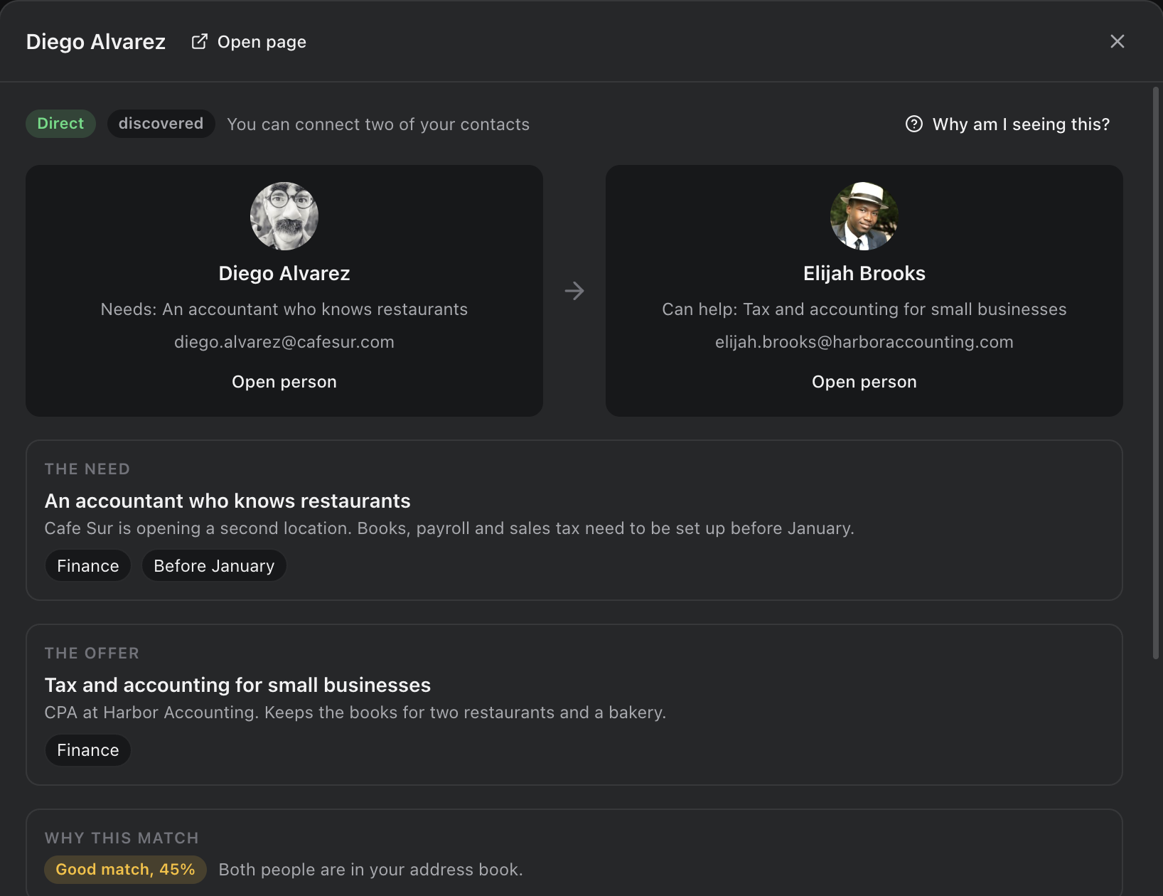 An introduction open on the Mac: Diego Alvarez needs an accountant who knows restaurants; Elijah Brooks does tax and accounting for small businesses; the need, the offer and why they match, side by side