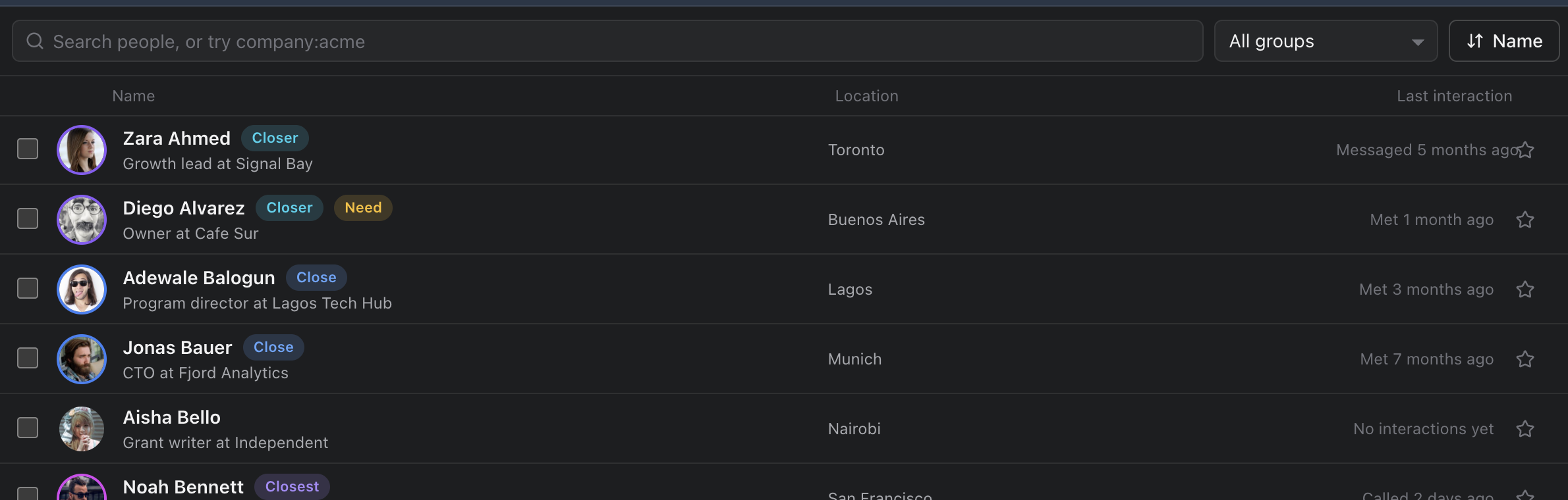 People on the Mac: a search field that understands company:acme, a groups menu, and rows for Zara Ahmed, Diego Alvarez, Adewale Balogun, Jonas Bauer, Aisha Bello and Noah Bennett with where they are and when you were last in touch