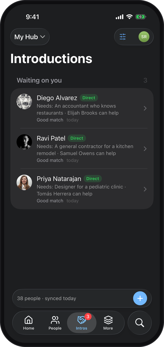 Introductions on the iPhone: Diego Alvarez needs an accountant who knows restaurants and Elijah Brooks can help; Ravi Patel needs a general contractor and Samuel Owens can help; Priya Natarajan needs a designer and Tomás Herrera can help