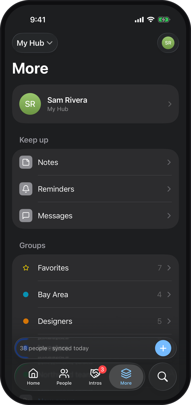 The More tab on the iPhone: your account, then Notes, Reminders, Messages, and the groups Favorites, Bay Area and Designers
