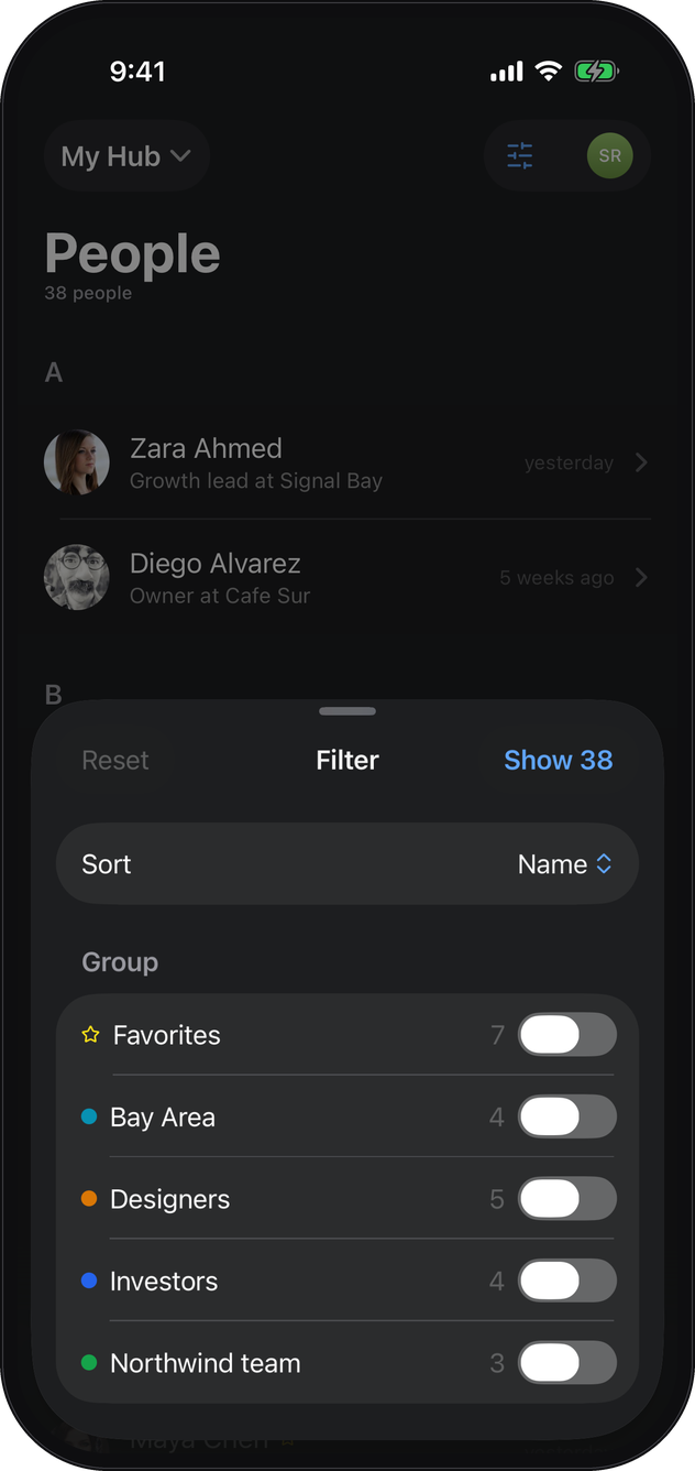 People on the iPhone with the filter sheet open: sort by name, and the groups Favorites, Bay Area, Designers, Investors and Northwind team to filter by